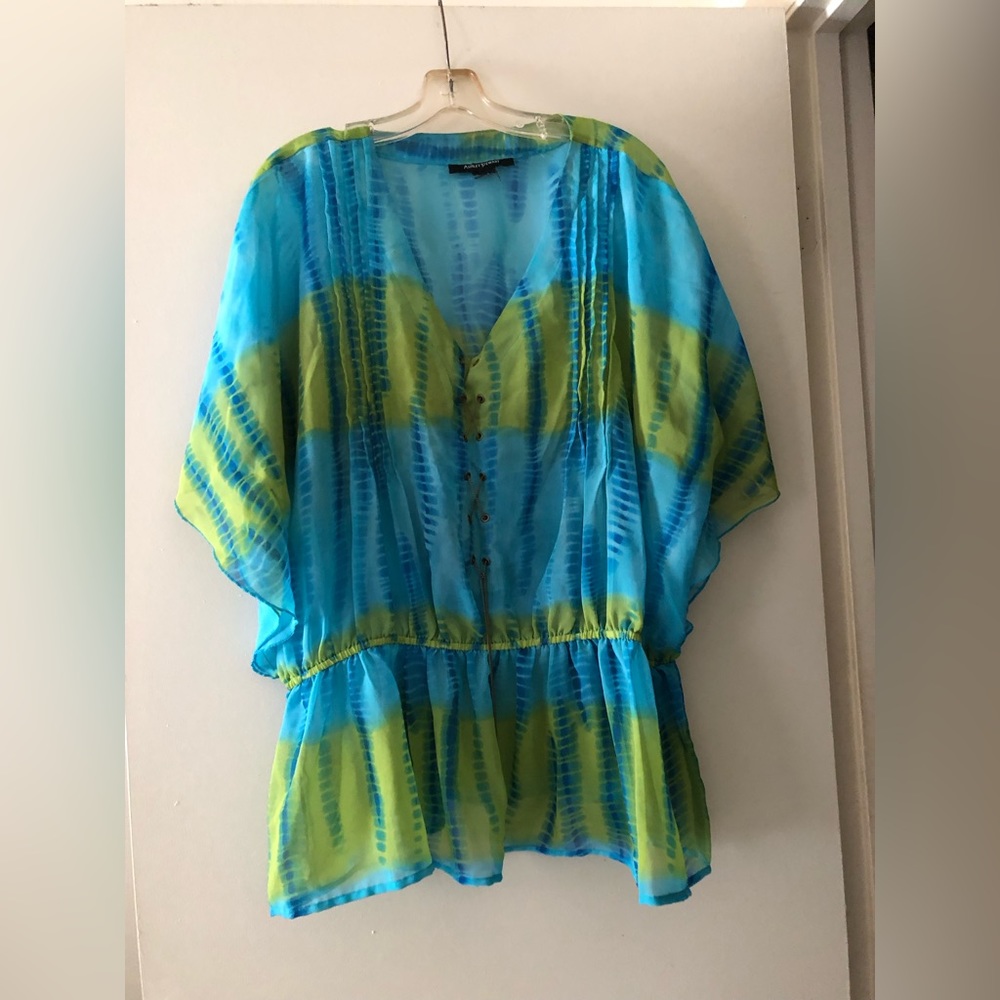 Ashely Stewart Sheer Blouse Blue Green Yellow Size XL